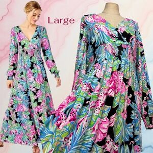 Lilly Pulitzer L Mistral Maxi Dress Onyx Jaguar Jungle Zoo Floral Smock‎ Waist